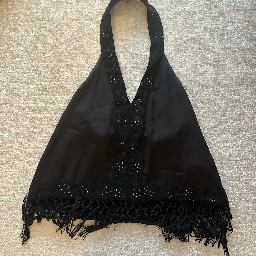 Zara Black Halter Top with Fringe Detail